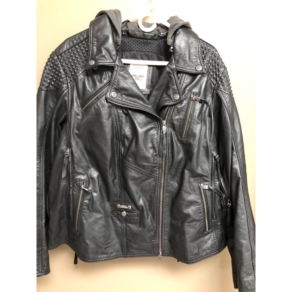 Harley-Davidson Mantle Triple Vent Leather Biker Jacket Hood Studded Womens 2W